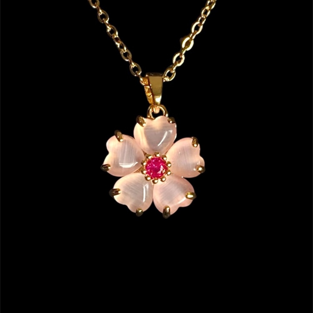 Frosted Pink Flower Gold Tone Necklace